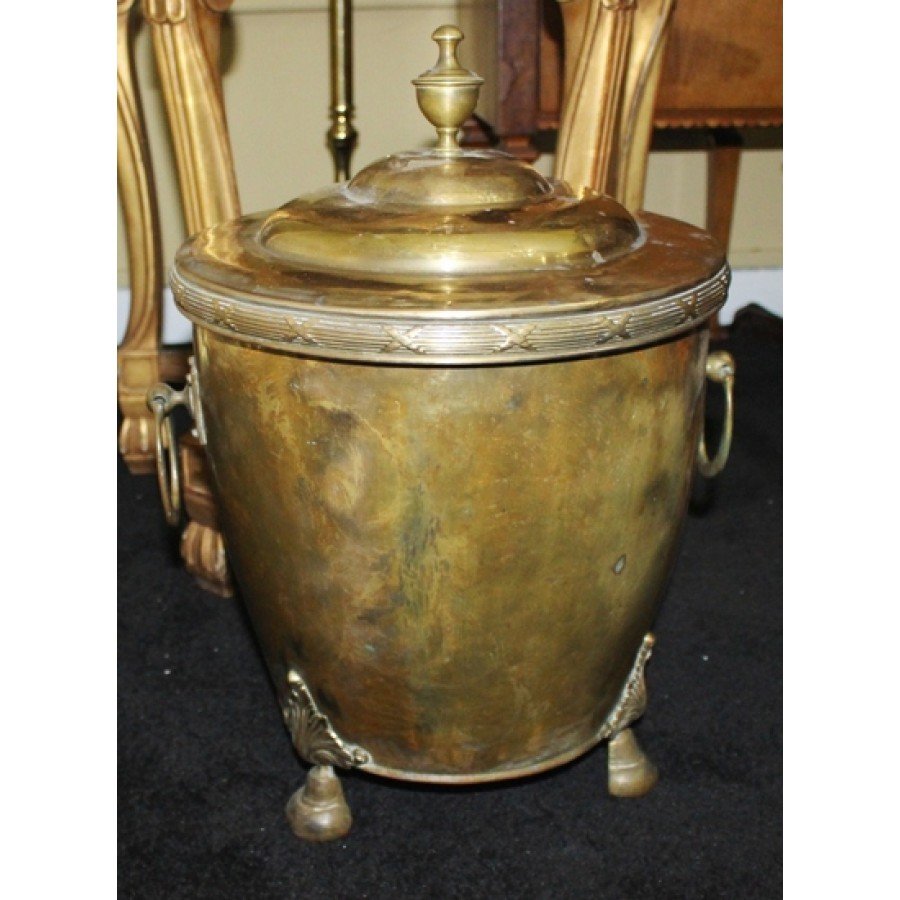Antique Brass Lidded Coal Wood Bucket